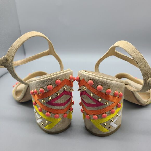 Stuart Weitzman Both Sandal  chunky Heel Ankle Straps beige embellished  Sz 8 - Picture 7 of 9